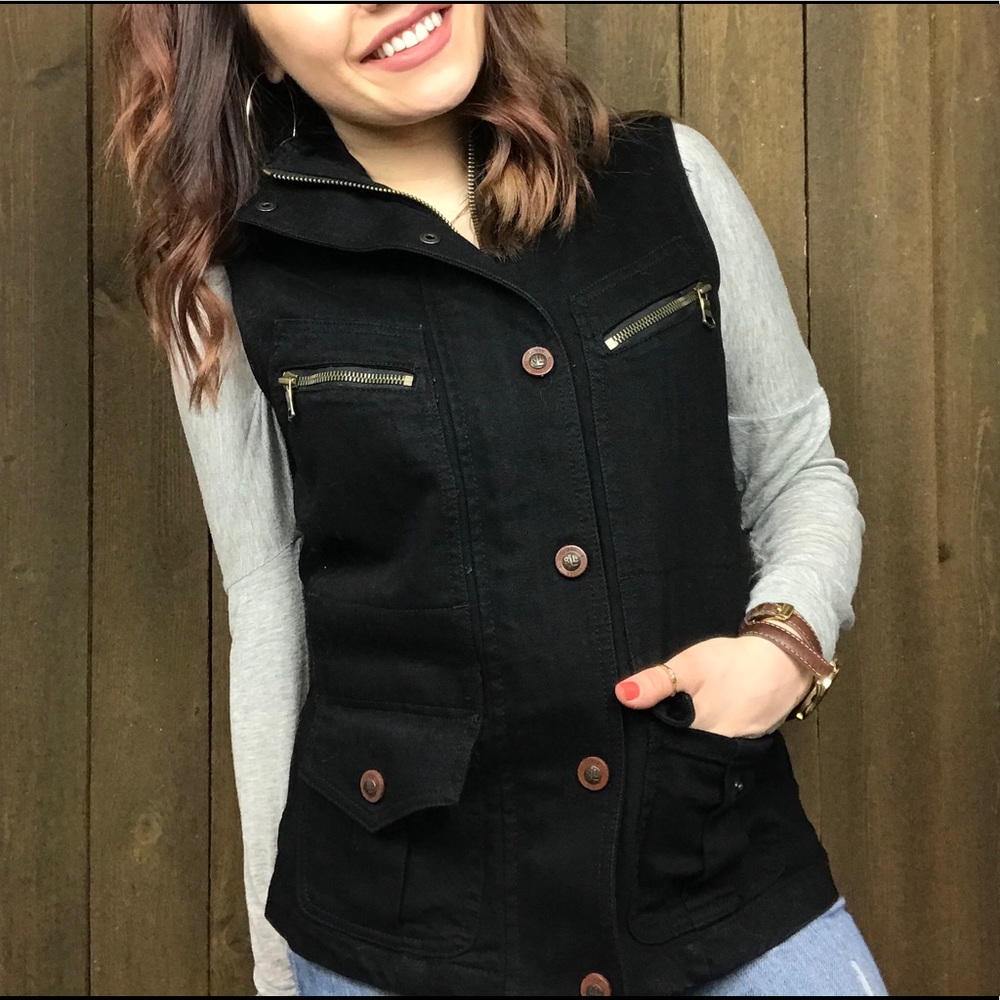 Vintage Authentic Ralph Lauren Black Denim Utility Vest  Zip & Snaps